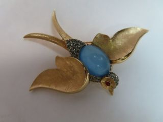 Vintage Crown TRIFARI ALFRED Philippe Blue Jelly Belly Swallow Bird Brooch 5