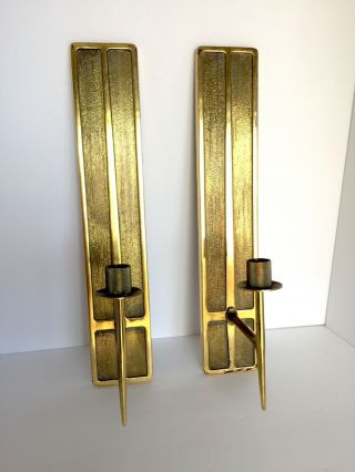 Pair Vintage Mcm Brass Wall Sconces Candleholder Metal Gold Thin 16 " Long 60 