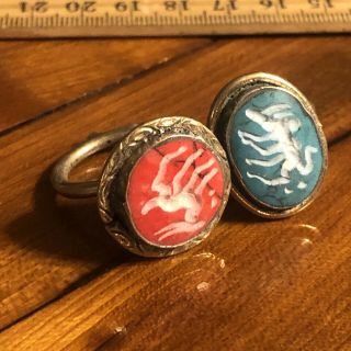 2 Ancient Islamic Style Intaglio Stone Rings Silver Tone Middle East Jewelry