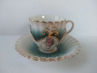 Antique Green Pink Floral Porcelain Tea Cup Saucer With Gold Accents