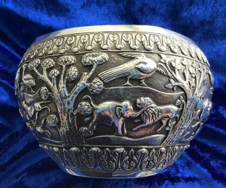 STUNNING ANTIQUE SOLID SILVER ANGLO INDIAN ANIMAL THEMES BOWL 1890s 5