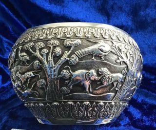STUNNING ANTIQUE SOLID SILVER ANGLO INDIAN ANIMAL THEMES BOWL 1890s 6