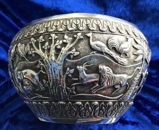 STUNNING ANTIQUE SOLID SILVER ANGLO INDIAN ANIMAL THEMES BOWL 1890s 7