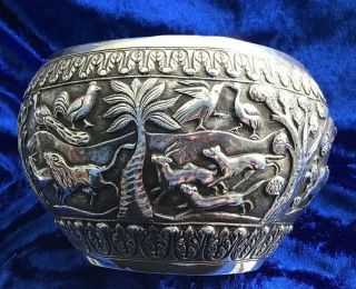 STUNNING ANTIQUE SOLID SILVER ANGLO INDIAN ANIMAL THEMES BOWL 1890s 8