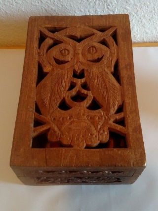 Carved In India,  Hinged Wooden Trinket Box,  Owl Design,  Vintage,  Red Felt Lined