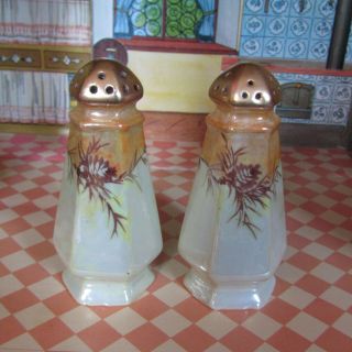 Antique 40s? Lustre Orange Brown Gold Porcelain Tall Floral Painted Salt Shakers