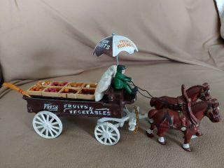 Antique Cast Iron Toys Horses Fruits And Vegetables Groceries Wagon 16 "