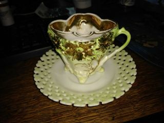 Green/gold And White Porcelain Teacup,  Mustache Cup