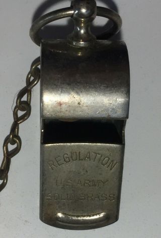 Vintage WWII Era U.  S.  Army Regulation Solid Brass Whistle With Chain 2