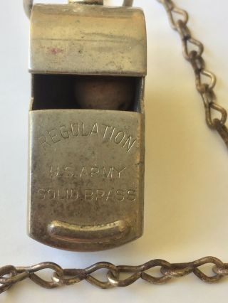 Vintage WWII Era U.  S.  Army Regulation Solid Brass Whistle With Chain 4