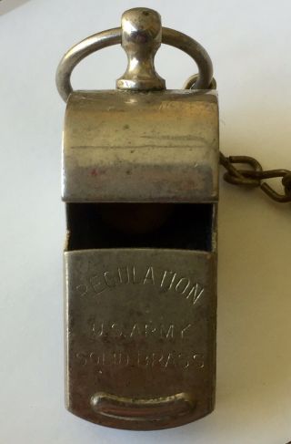 Vintage WWII Era U.  S.  Army Regulation Solid Brass Whistle With Chain 7