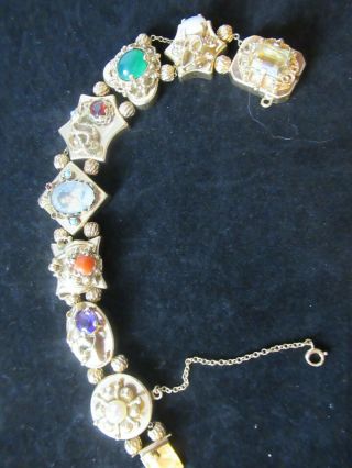 Vintage 14k Gold Sliding Charm Bracelet Loaded With Charm & Gemstones 47 Grams