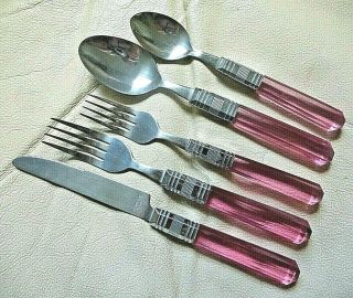 Vtg Mid Century Acrylic/lucite Pink Handle Chrome Flatware Stainless - For Marie