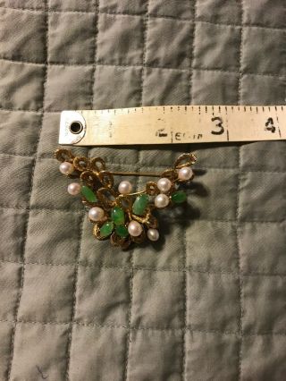 Vintage Solid 14k Gold Jade Pearl Brooch Pin