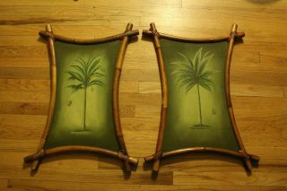 Two Vintage Bamboo Framed Palm Tree Paintings Tiki Decor Midcentury