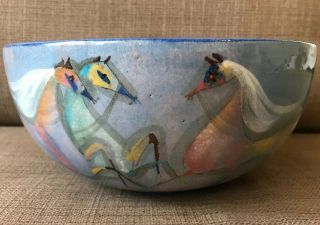 Vintage Polia Pillin Footed Bowl,  Abstract Horses Mid Century Blue