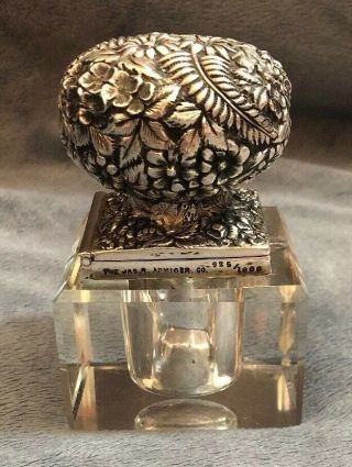 Antique Jas.  R.  Armiger Co.  Sterling Silver Floral Repousse Crystal Ink Well