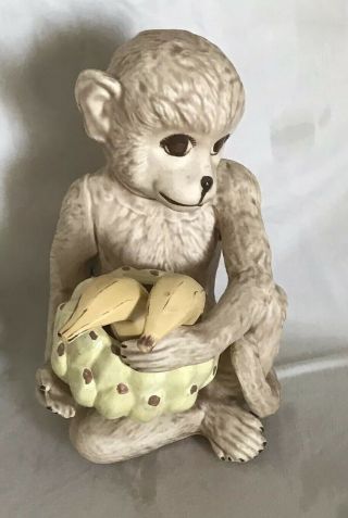 Vintage Ceramic Porcelain Monkey Figurine Monkey Holding Basket Of Bananas