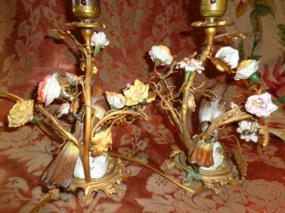 VINTAGE MEISSEN PORCELAIN BIRD FIGURINE APPLIED FLOWERS ORMOLU BOUDOIR LAMP SET 4