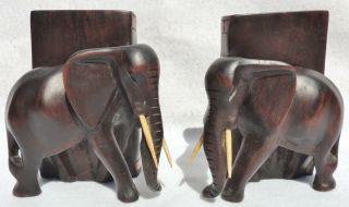 Pair Antique/vtg Carved Mahogany Wood Figural Elephant Bookends Bone Tusks 5189