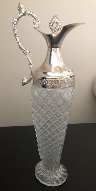 Vintage Wine Decanter With Silver Metal Top & Cork Press Clear Glass
