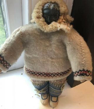 Vintage Canadian Inuit Female Doll With Hand Carved Soapstone Face Early 1900 