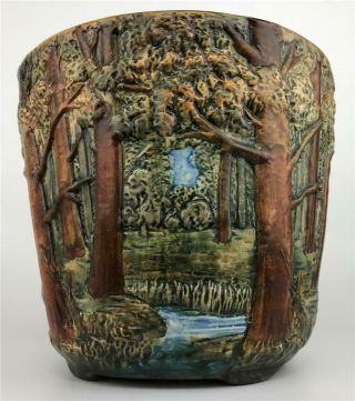 Antique Weller Pottery Forest Woodcraft Tree Scenic Jardiniere Pot Vase Planter