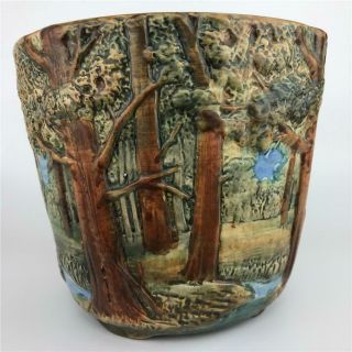 Antique WELLER POTTERY Forest Woodcraft Tree Scenic Jardiniere Pot Vase Planter 2