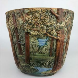 Antique WELLER POTTERY Forest Woodcraft Tree Scenic Jardiniere Pot Vase Planter 3