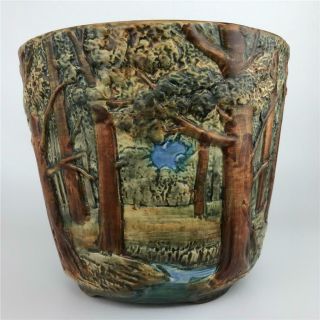 Antique WELLER POTTERY Forest Woodcraft Tree Scenic Jardiniere Pot Vase Planter 4