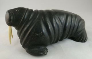 Vintage Eskimo Inuit Soapstone Carving Of A Walrus,  Signed Peter Nowra.  7 ½” L.