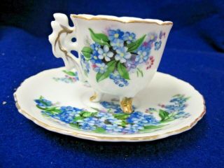Vintage Sunsco Japan Blue Floral 3 Footed Tea Cup Saucer Set Gold Rim