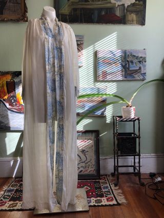 Vintage 1920s Tissue Silk Angel Robe Wide Sleeve Printed Border Dressing Gown