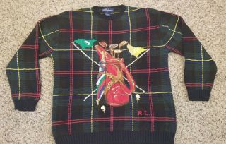 Vtg Medium Ralph Lauren Knit Sweater Golf Bag Flag Stripes