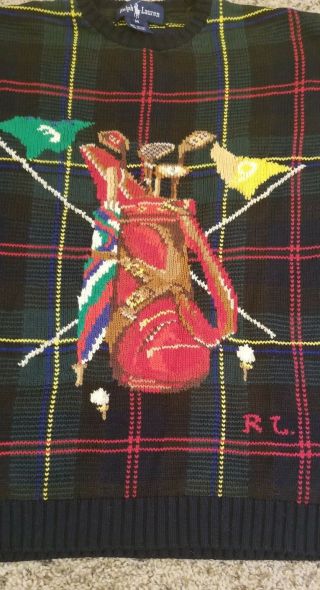 Vtg MEDIUM Ralph Lauren Knit Sweater Golf Bag Flag Stripes 2