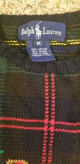 Vtg MEDIUM Ralph Lauren Knit Sweater Golf Bag Flag Stripes 3