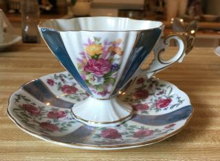Vintage Fine China Tea Cup & Saucer Rose - Aqua And Gold Trim