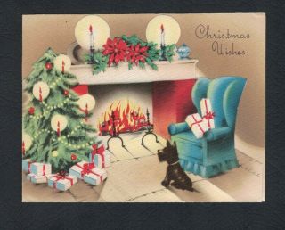 Scottie Terrier Dog Fireplace Flames Cozy Living Room Vintage Christmas Card