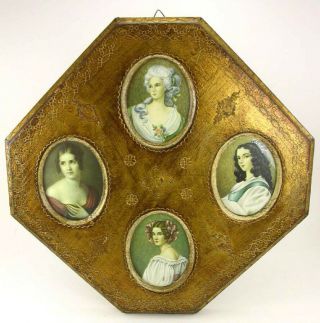 Vintage Florentine Ware Wooden Framed Lady Portraits Gold Gilt Italy Italian