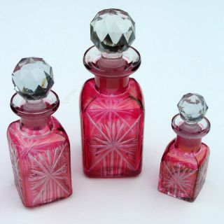 Vintage Antique Cut Glass Perfume Bottle Set 3 Bottles