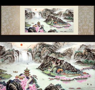 Chinese Silk Scroll Painting Landscape Home Office Decoration (桃源仙境)