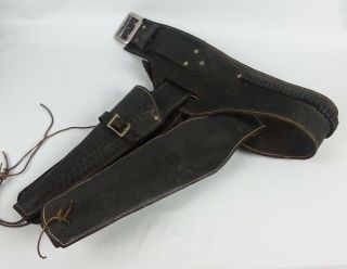 Vintage Cowboy Western Style Black Tooled Leather Gun Belt With Two Holsters