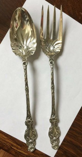 Large Antique Whiting Sterling Silver Lily Pattern Serving Spoon Fork Salad Set