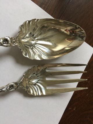 Large Antique Whiting Sterling Silver Lily Pattern Serving Spoon Fork Salad Set 2