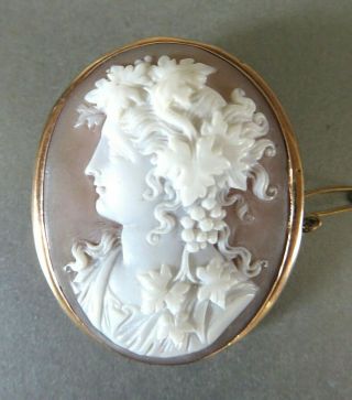 Antique Victorian 9ct Gold Mounted Cameo Brooch Lady With Grapes In Hair