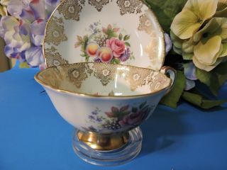 Vintage Paragon Cup & Saucer Fruit Roses Gold Footed And Gilt Display Only