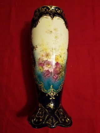 Royal Bonn Ceramic Vase Germany Blue With Flowers Gilded