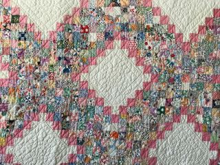 Vintage 1930s Irish Chain Quilt 79x87 Pink Feedsack Fabric Postage Stamp 3