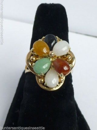 Vintage 14k Yellow Gold Multi - Color Jade Ring - Size 7.  25