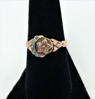 Victorian 14k Pink Gold Crescent Moon And Flower Ring With Turquoise & Pearls